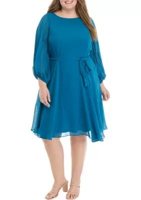 Long Sleeve Round Neck Solid Chiffon Fit and Flare Dress