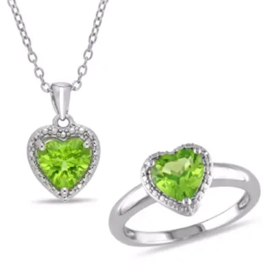 2-Pc Set of Peridot Heart Halo Ring and Pendant with Chain in Sterling Silver by Belk & Co