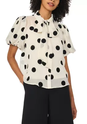 Puff Sleeve Tie Neck Dot Blouse by CeCe