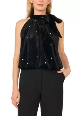 Tie Neck Embellished Velvet Halter Top by CeCe
