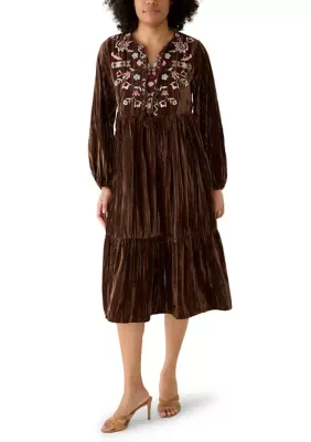 Long Sleeve Embroidered Velvet Dress by Wonderly