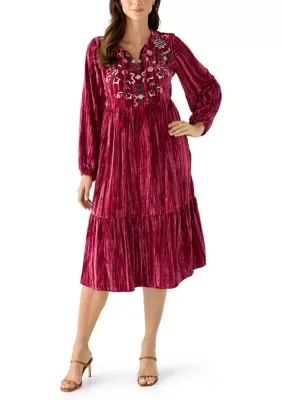 Long Sleeve Embroidered Velvet Dress