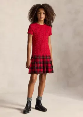 Plaid-Skirt Cotton Sweater Dress by Ralph Lauren