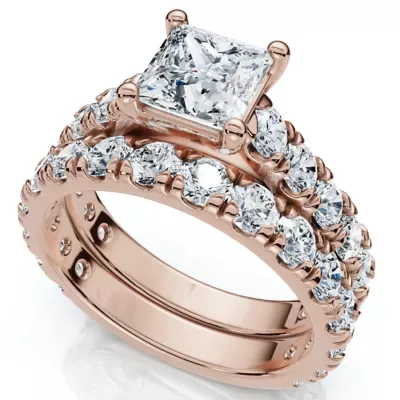 Lab Created Certified 3Ct Princess Cut Diamond Engagement Ring Set 14k Gold Lab Grown by Pompeii