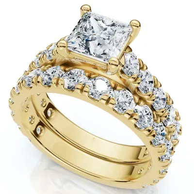 Lab Created Certified 3Ct Princess Cut Diamond Engagement Ring Set 14k Gold Lab Grown