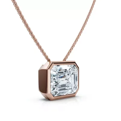 Lab Created 2Ct Solitaire Bezel Diamond East West Pendant 14k Gold Necklace Lab Grown EF/VS 18"