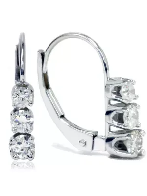 1/2ct tw 3-Stone Real Diamond Lever Back Earrings 14K White Gold by Pompeii