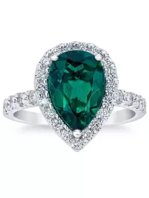 Lab Created 5Ct Pear Shape Emerald & Lab Grown Diamond Halo Ring in 10k White Gold