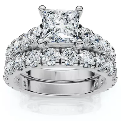 Lab Created Certified 3Ct Princess Cut Diamond Engagement Ring Set 14k Gold Lab Grown