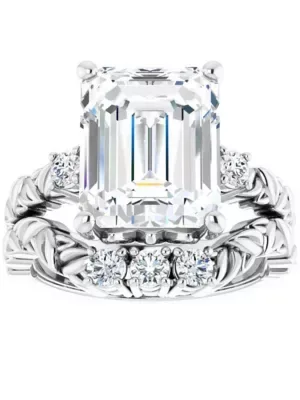 5 1/2Ct Diamond & Emerald Cut Moissanite Petite Leaf Engagement Set in Gold by Pompeii