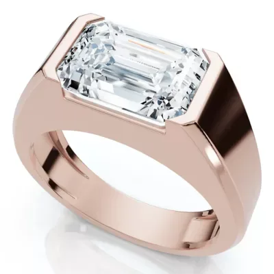 Lab Created Certified 3Ct Emerald Cut Half Bezel Diamond Ring 14k Gold or Pt Lab Grown by Pompeii
