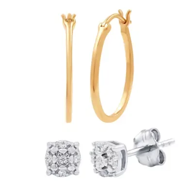Lab Created Round Lab-Grown Diamond Accent Two-Tone Hoop and Stud Earring Set by Diamond Essentials