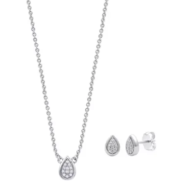 Lab Created Round Lab-Grown Diamond Accent Pear Frame Sterling Silver Earring and Pendant Set by Diamond Essentials