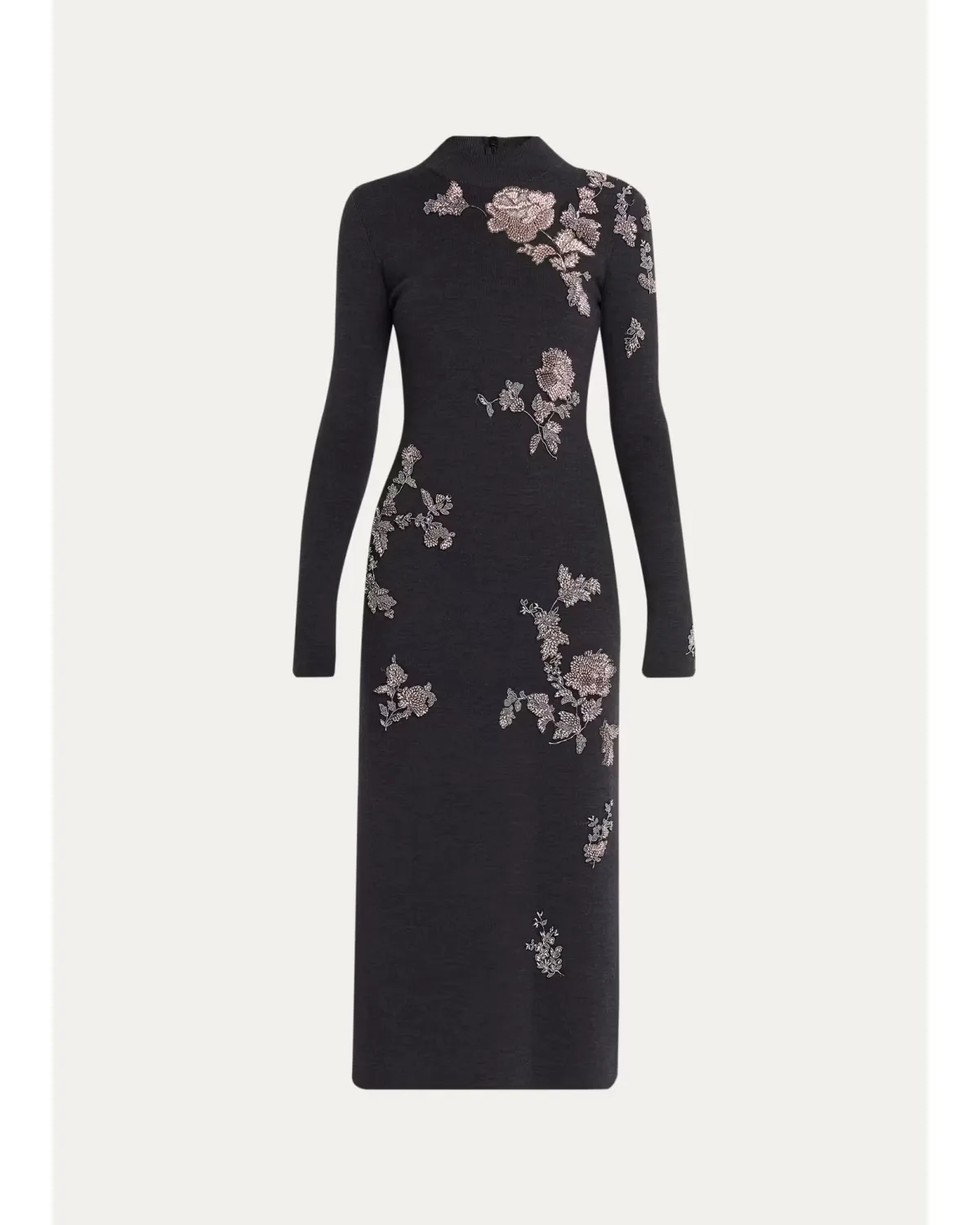 Floral Embroidered Knit Long-Sleeve Midi Dress by Oscar de la Renta