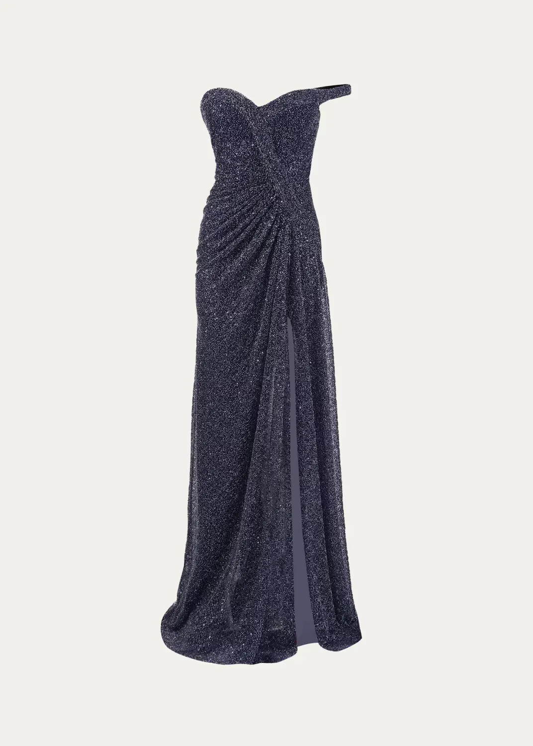 One-Shoulder Sparkling Beaded Slit Gown