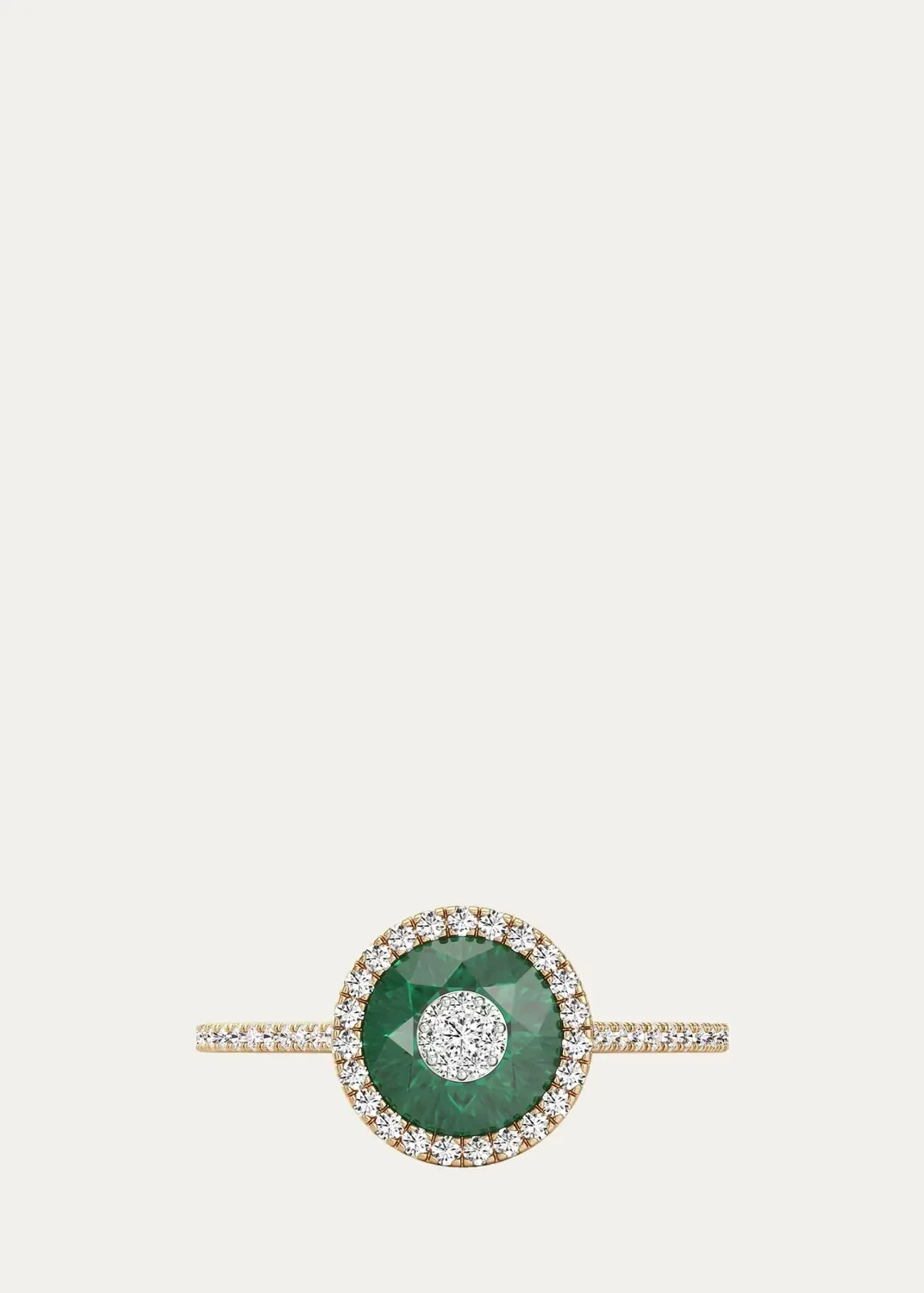 18K Yellow Gold 7mm Diamond and Emerald Fusion Ring with Halo by Bhansali