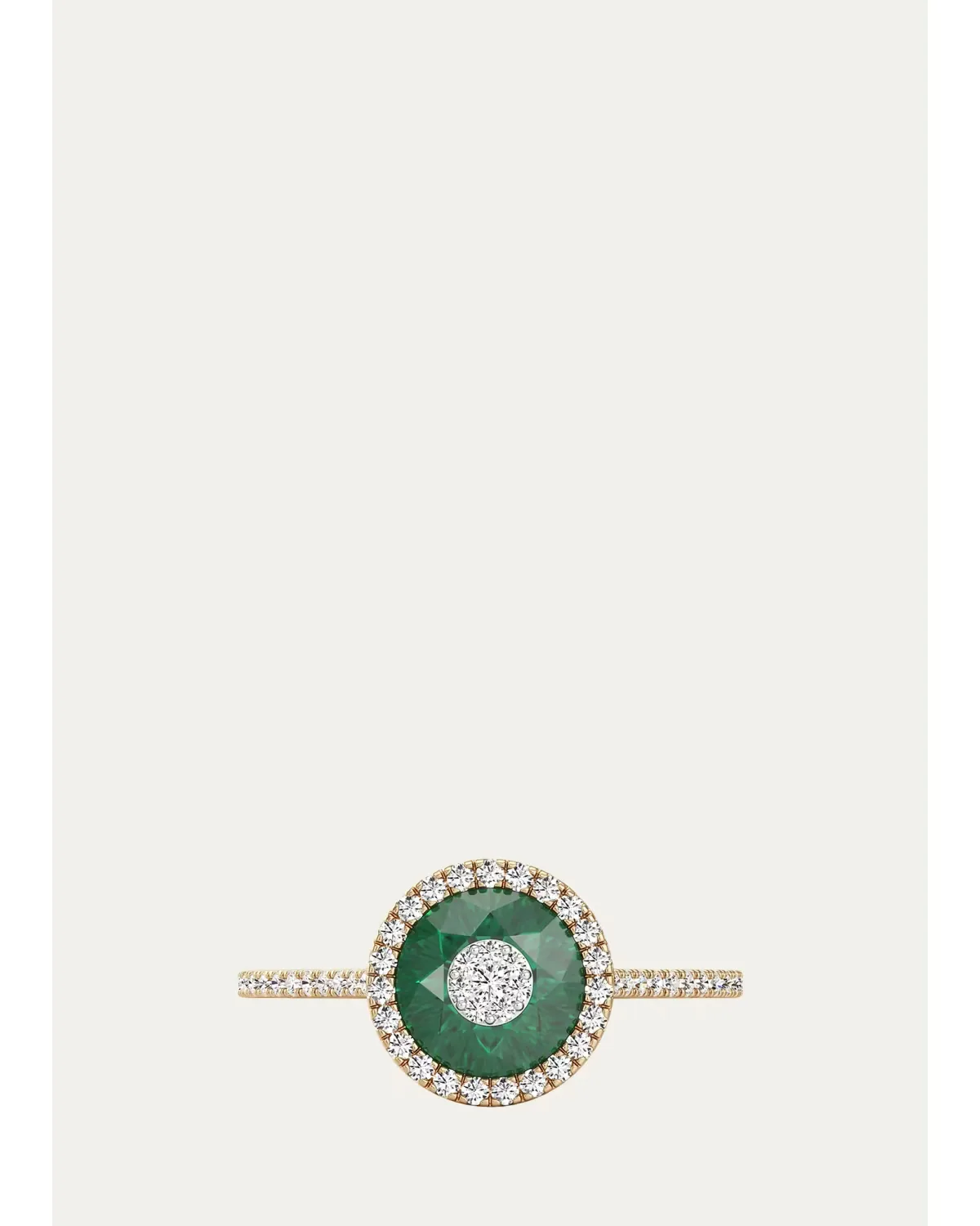 18K Yellow Gold 7mm Diamond and Emerald Fusion Ring with Halo by Bhansali