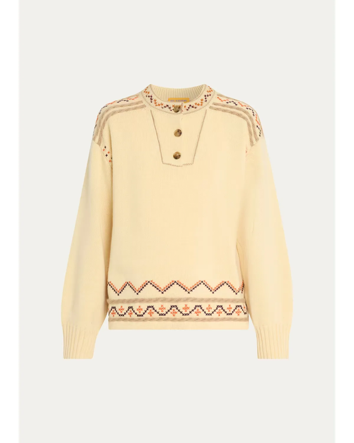 Fisherman Embroidered Cashmere-Wool Henley Sweater by Guest in Residence