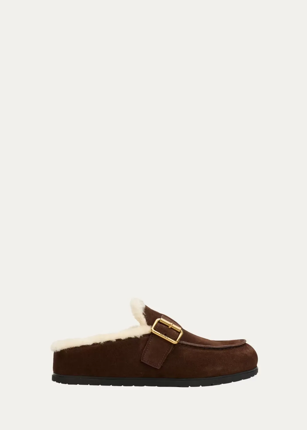 Shearling-Lined Suede Buckle Clogs by Prada
