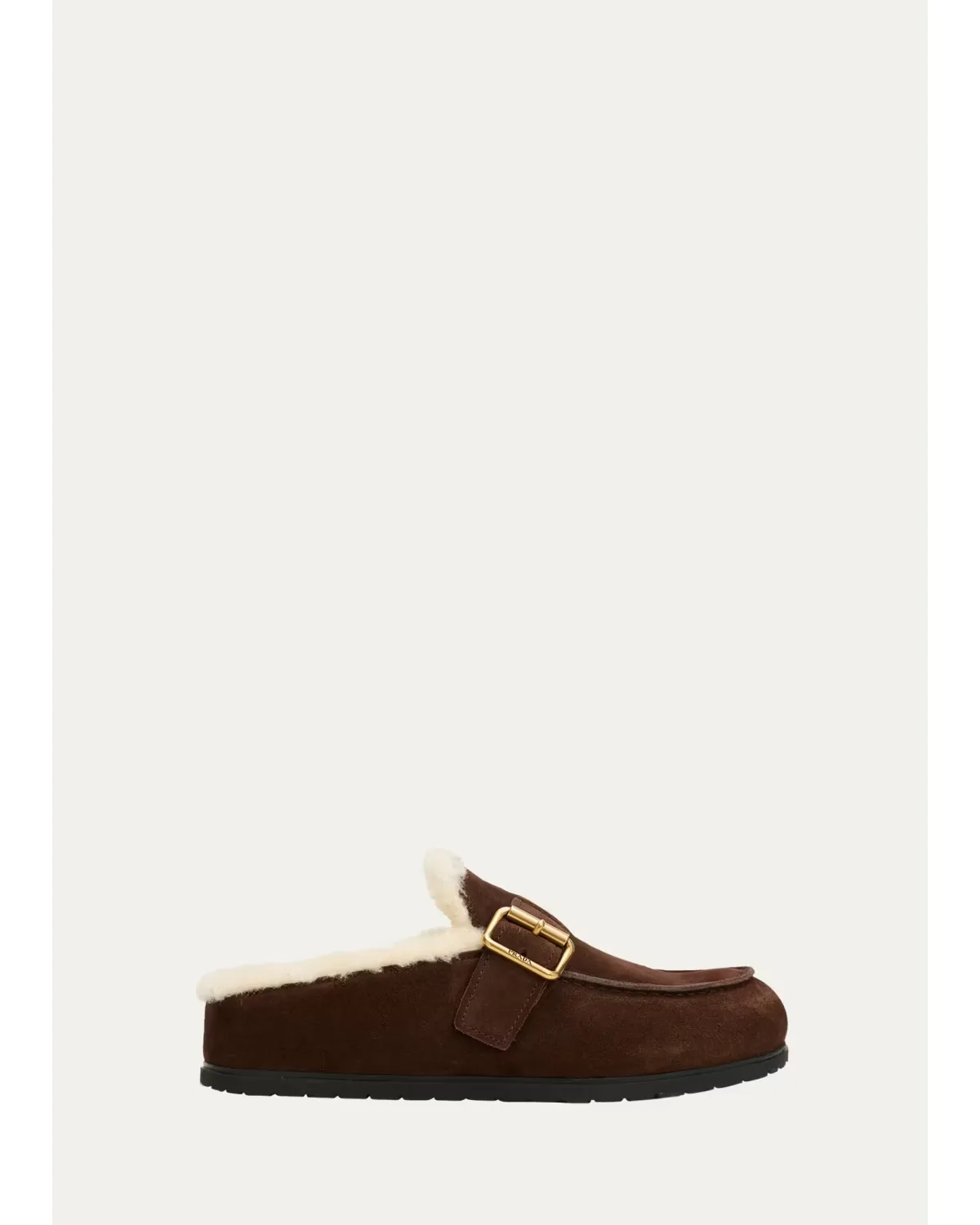 Shearling-Lined Suede Buckle Clogs by Prada