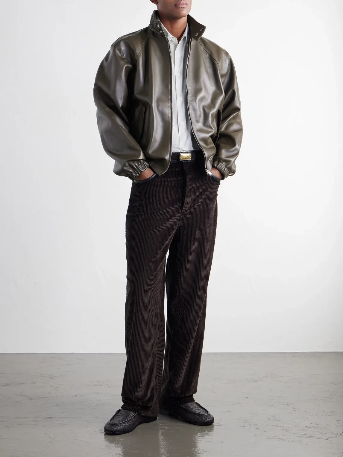 Straight-Leg Leather-Trimmed Cotton-Corduroy Trousers by Bottega Veneta