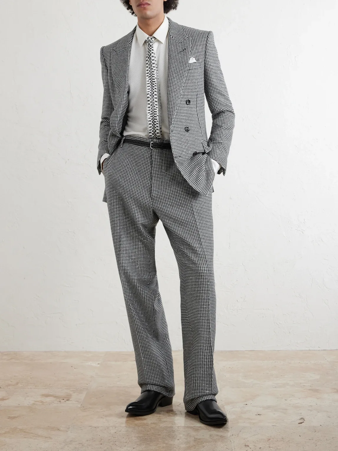 Straight-Leg Sequin-Detailed Houndstooth Wool-Blend Suit Trousers by Tom Ford