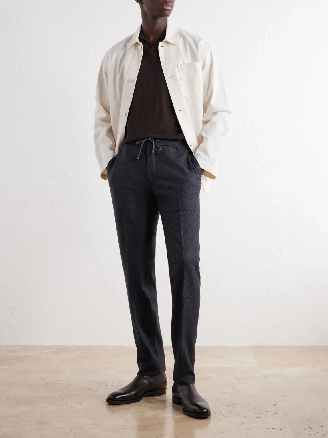 Straight-Leg Cashmere-Flannel Drawstring Trousers