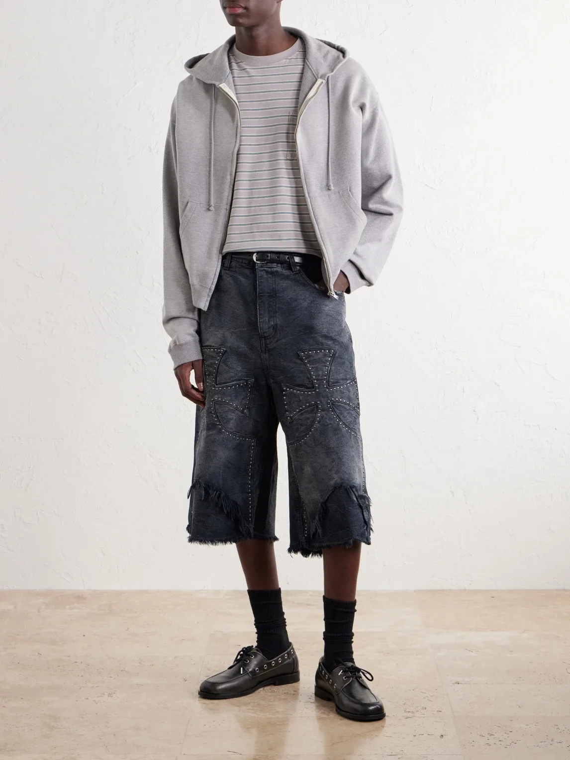 Chopper Studded Distressed Denim Shorts by Sekrit