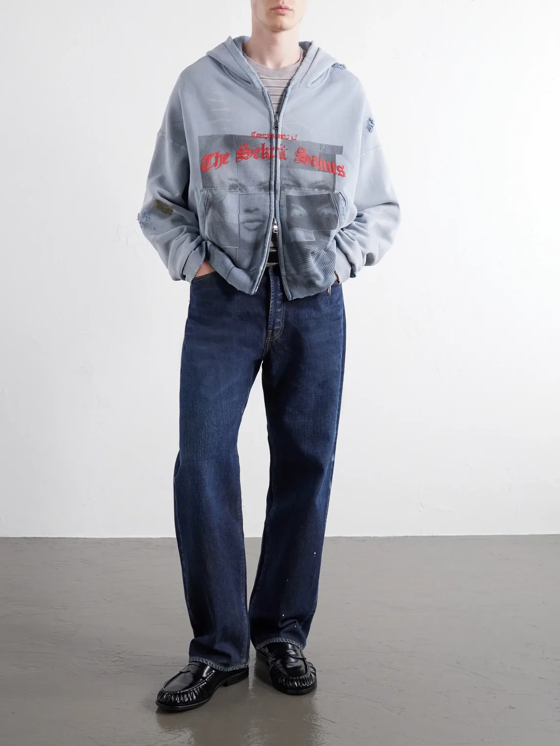 Compliments Distressed Appliqued Printed Cotton-Jersey Sweater by Sekrit