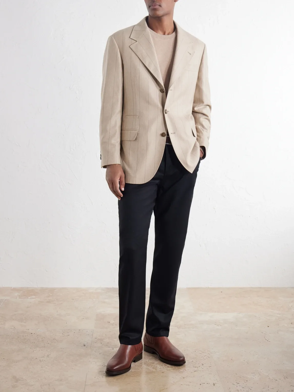 Pinstripe Wool, Silk and Cashmere-Blend Flannel Suit Jacket by Brunello Cucinelli