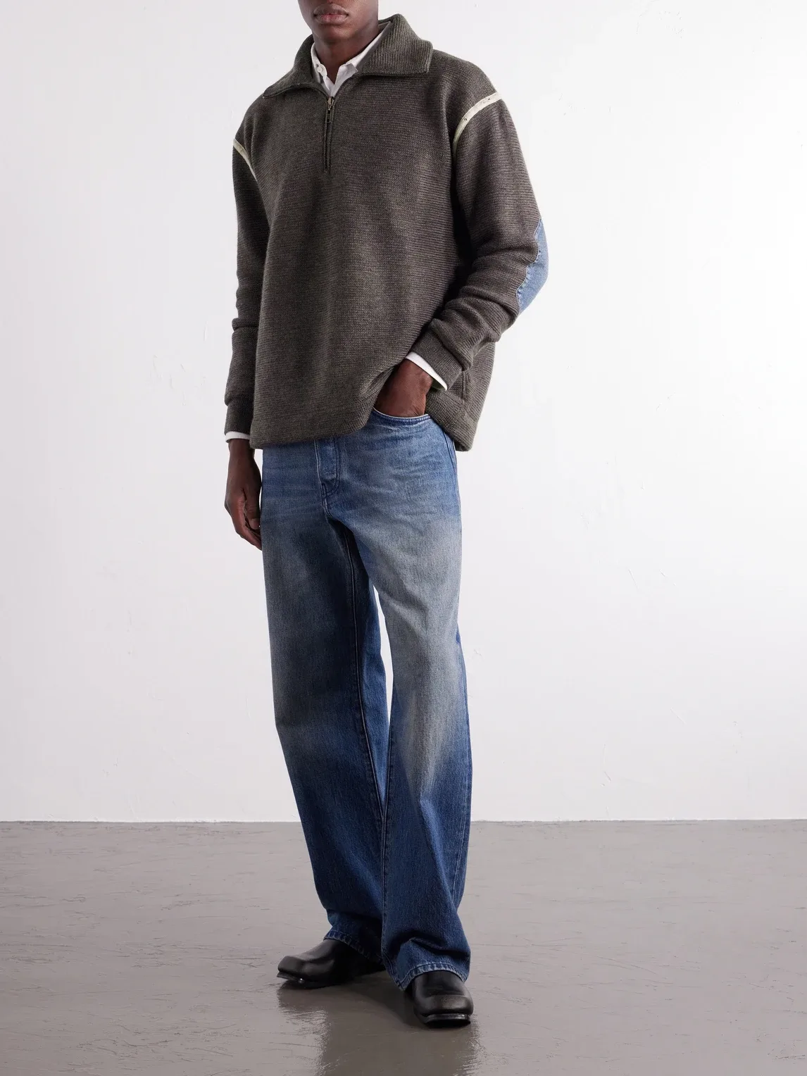 Distressed Denim-Trimmed Wool Half-Zip Sweater by Maison Margiela