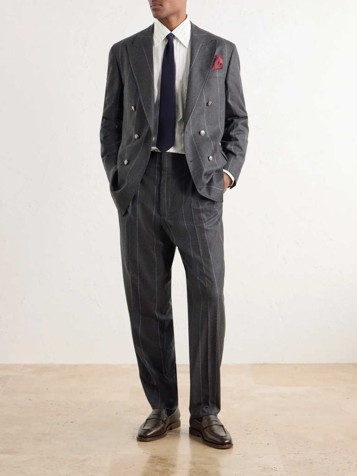Double-Breasted Pinstriped Wool, Cashmere and Silk-Blend Flannel Suit Jacket by Brunello Cucinelli