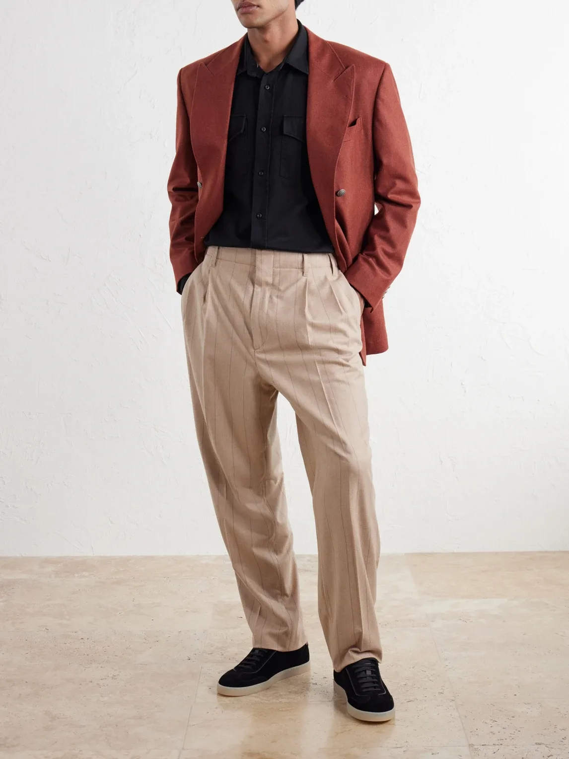 Striped Pleated Straight-Leg Wool-Silk and Cashmere-Blend Flannel Suit Trousers by Brunello Cucinelli