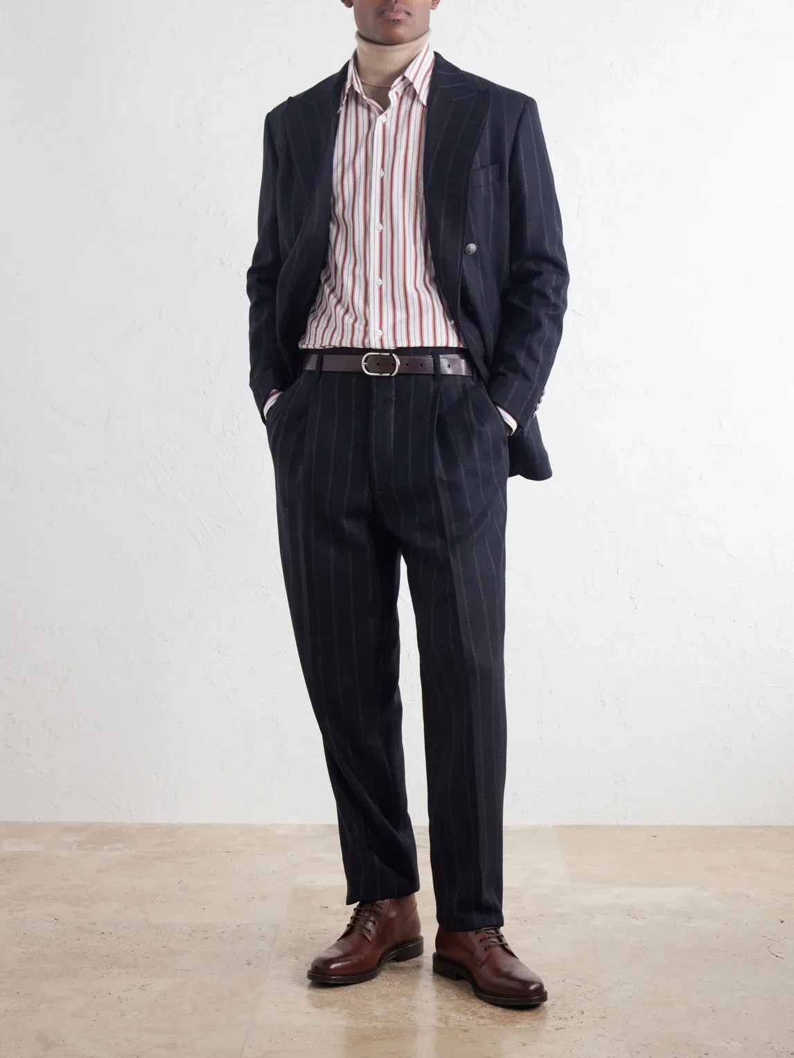 Tapered Pinstripe Cashmere and Wool-Blend Flannel Suit Trousers by Brunello Cucinelli