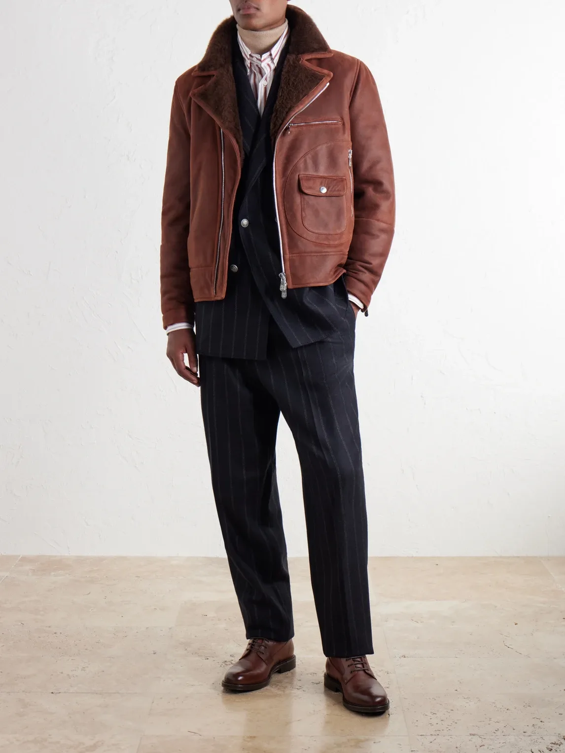 Shearling-Trimmed Leather Jacket by Brunello Cucinelli