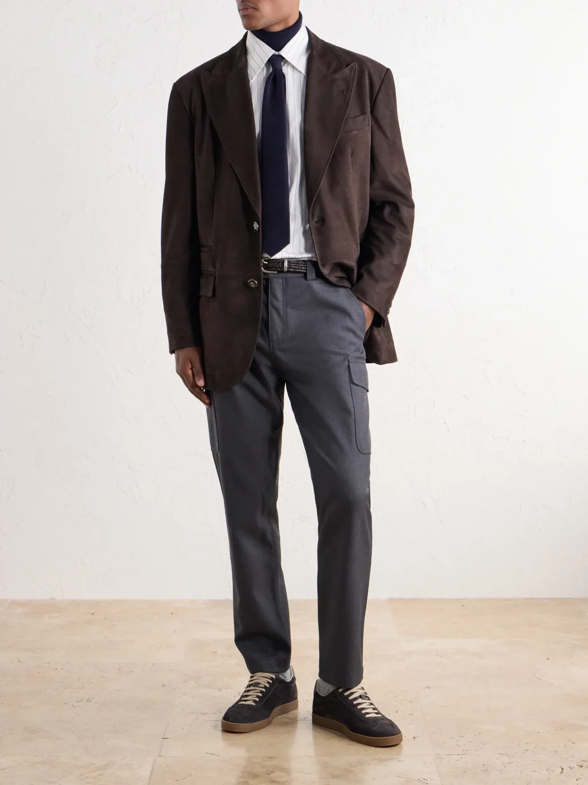 Paneled Pintucked Suede Blazer by Brunello Cucinelli