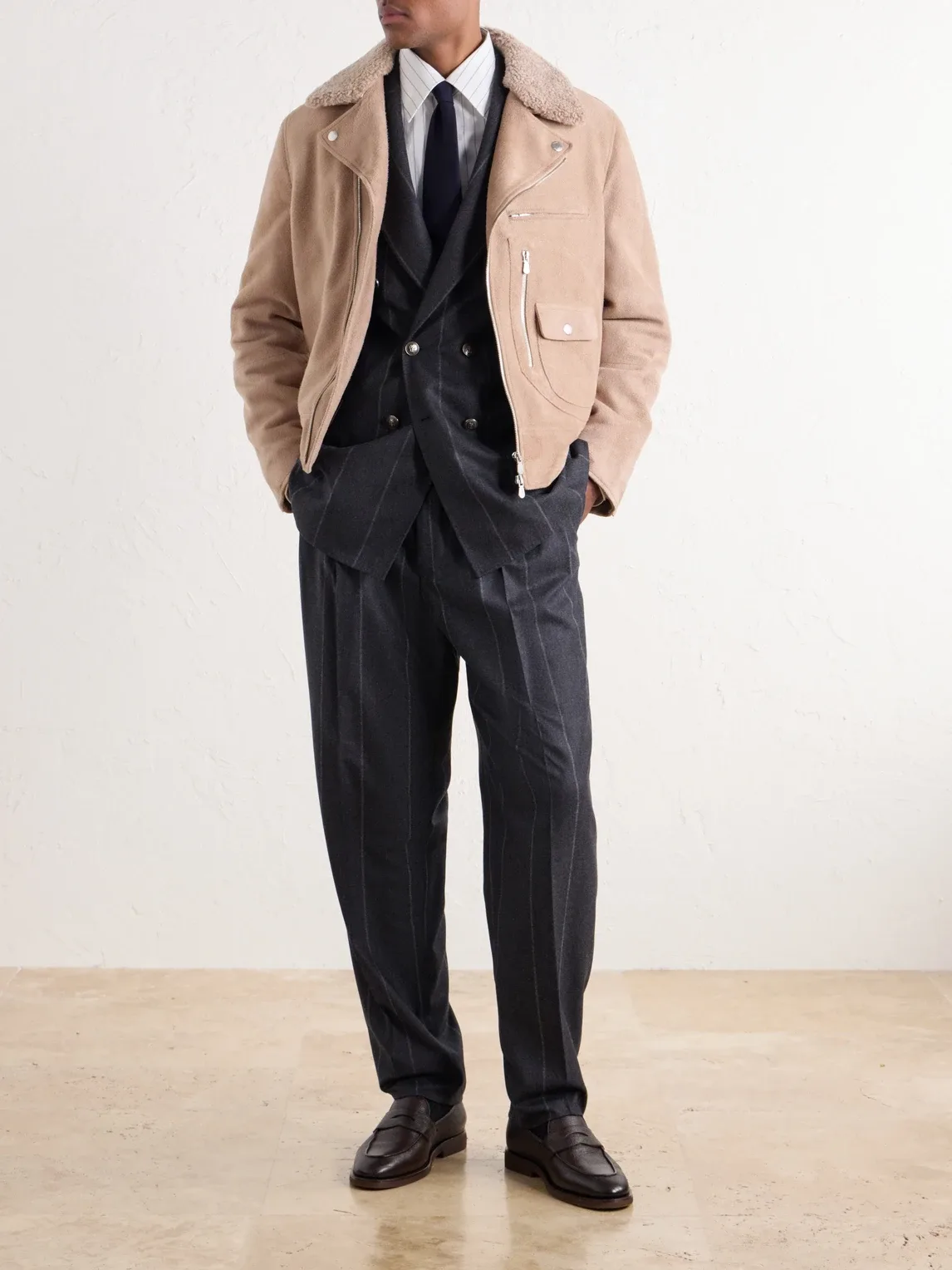 Straight-Leg Pinstriped Pleated Wool, Silk and Cashmere-Blend Flannel Suit Trousers by Brunello Cucinelli