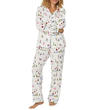 Snow Much Fun Print Long Sleeve Notch Collar Organic Cotton Jersey Knit Pajama Set by Bedhead