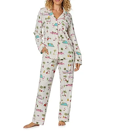 Festive Flamigos Print Long Sleeve Notch Collar Organic Cotton Jersey Knit Pajama Set by Bedhead