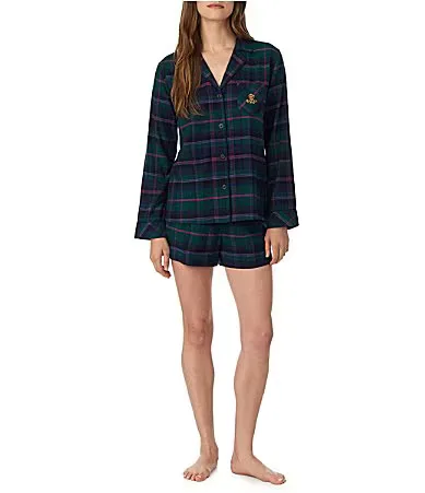 Lauren Green Plaid Print Brushed Twill Flannel Long Sleeve Notch Collar Woven Shorty Pajama Set by Ralph Lauren