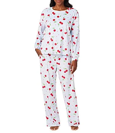 Cherry Cheer Print Velour Crew Neck Long Sleeve Wide Leg Pajama Set