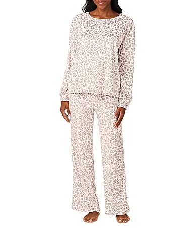 Animal Print Velour Long Sleeve Crew Neck Wide Leg Pajama Set by 40winks