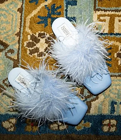 Gianni Bini x Hadley Greene Florence Satin Feather Square Toe Mules by Gianni Bini