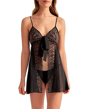 Opera Sleeveless V-Neck Embroidered Netting Chiffon Tie-Front Babydoll Set
