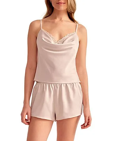 Mirage Charmeuse Sleeveless Cowl Neck with Lace Bralette Cami-Tap Pajama Set by Rya Collection