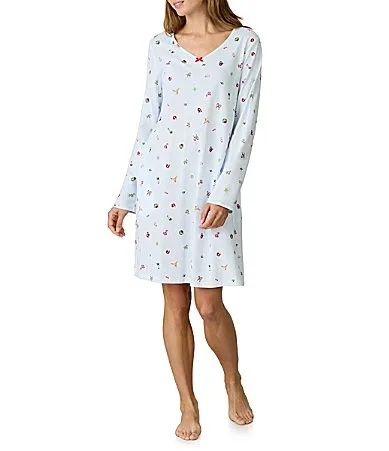 Holiday Novelty Print Long Sleeve V-Neck Cotton Jersey Knit Short Nightgown by Carole Hochman