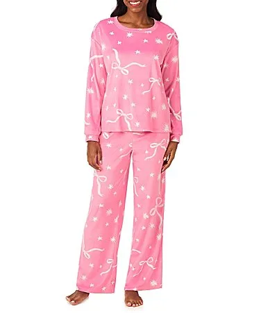 Sparkling Bow Print Velour Crew Neck Long Sleeve Wide Leg Pajama Set by 40winks