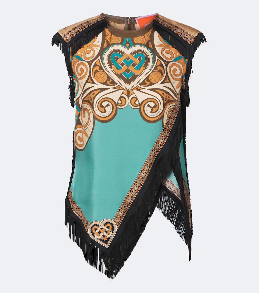 Scarf Printed Fringed Silk Top by La Doublej