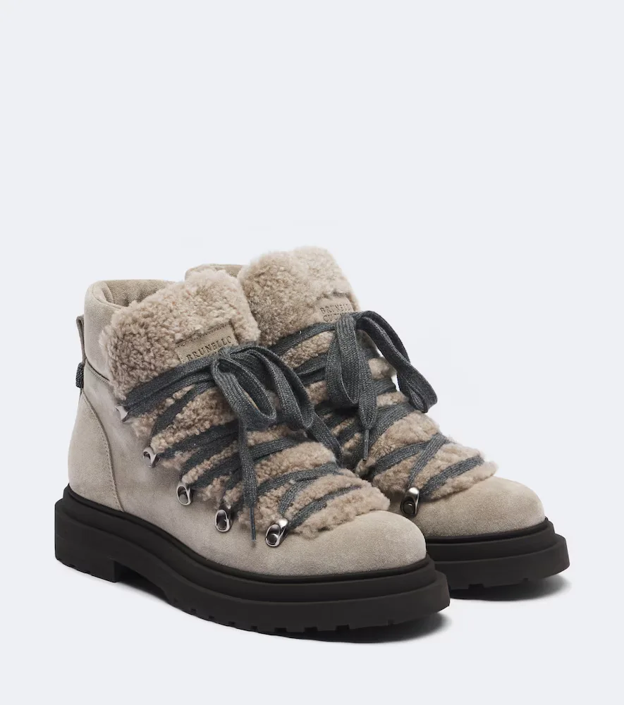 Monili Shearling-Trimmed Suede Lace-Up Boots by Brunello Cucinelli