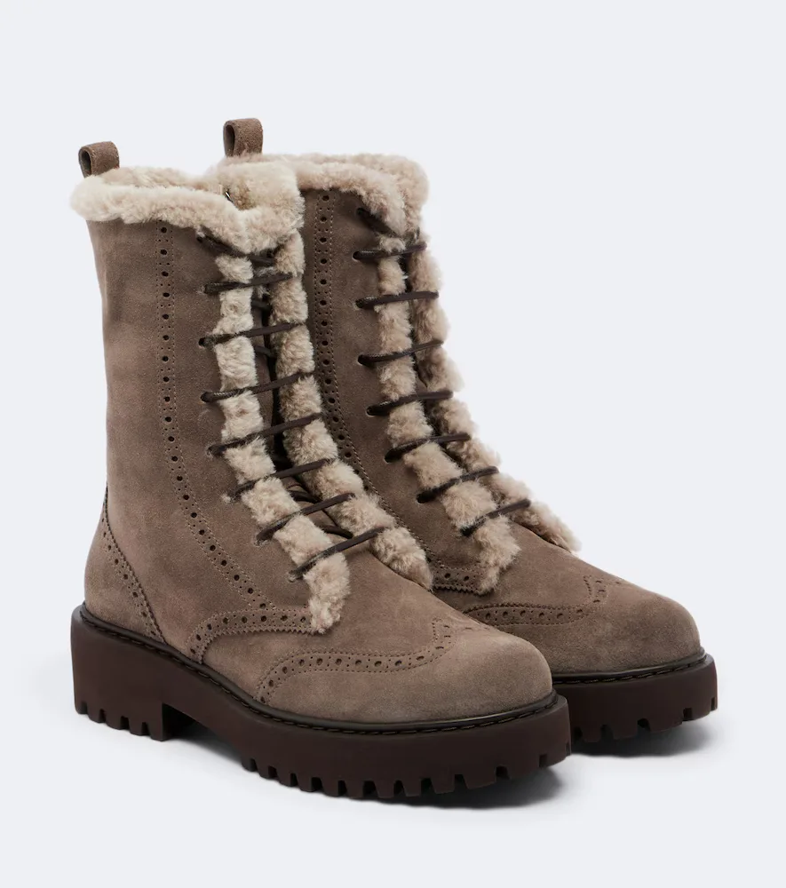 Shearling-Trimmed Suede Lace-Up Boots